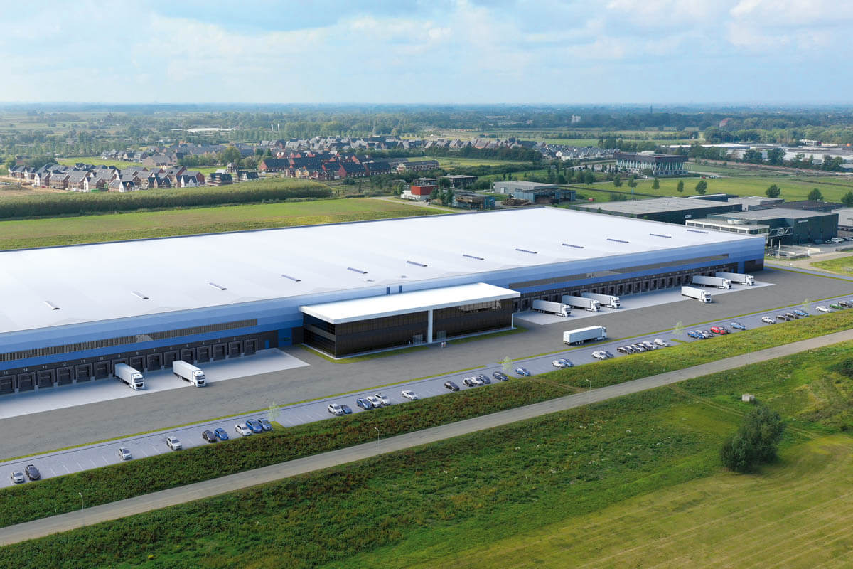 Warehouse in Zevenaar, surrounded by green spaces.