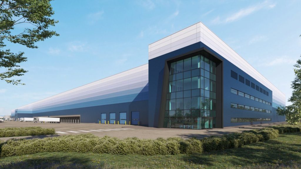 Exterior of a GLP logistics centre with walls shaded between dark blue and white