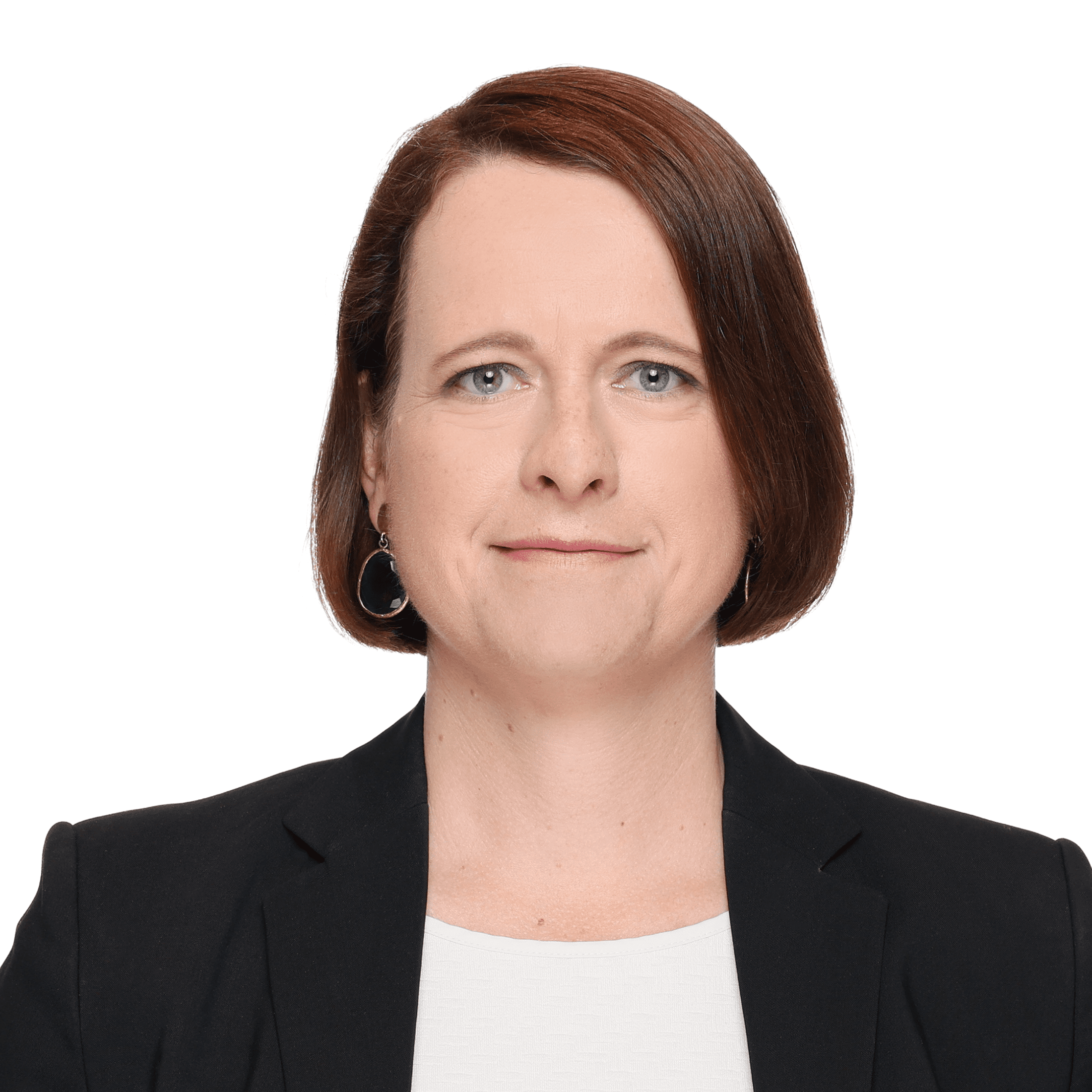 Headshot of Marie Luise von Knobloch Keil with short red hair and wearing a black suit.