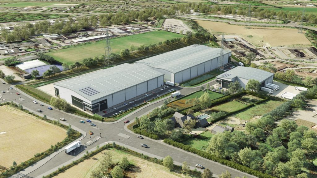 Aerial view of G-Park Stevenage showing a handful of buildings surrounded by fields